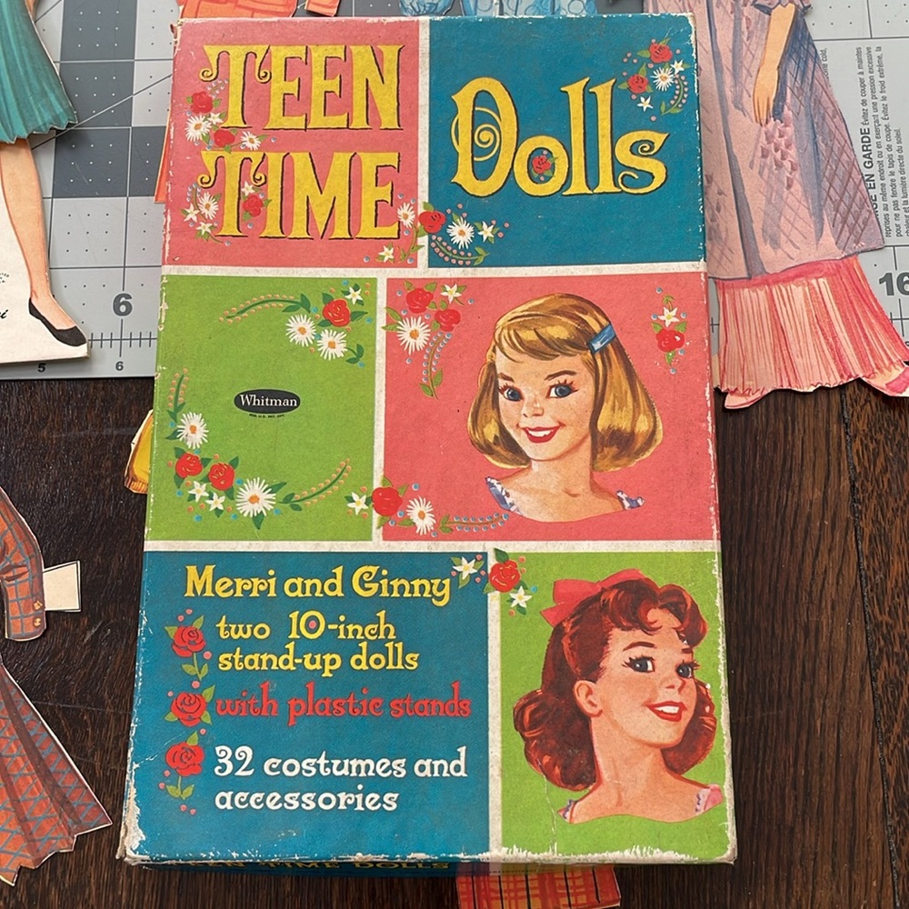 Vintage paper dolls, Teen Time Dolls, Merri and Ginny, two 10" stand-up dolls